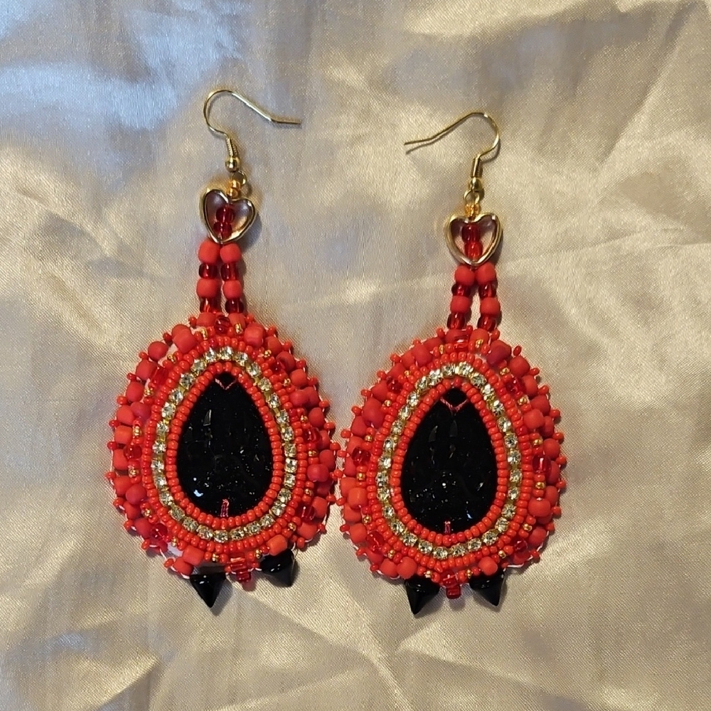 Vibrant Red and Black Beaded Earrings